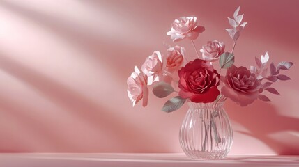 Poster - Bouquet of colorful paper roses standing in a glass vase on pink background