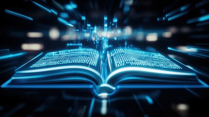 Wall Mural - a digital book emits glowing data streams, symbolizing knowledge and technology's impact.