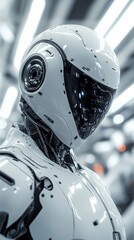 Wall Mural - futuristic robot posing in spaceship corridor