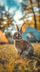 Wild rabbit enjoying camping life in the forest