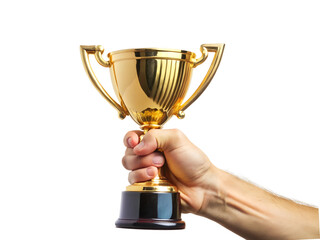 a hand holding a gold trophy on a white background