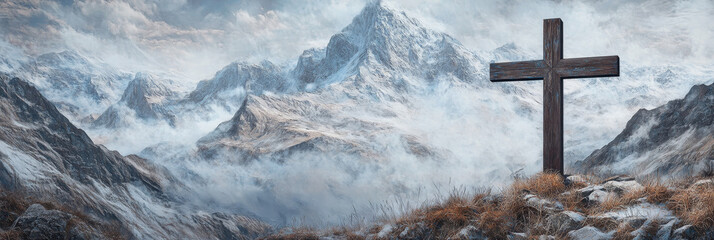 A wooden cross stands tall on a mountaintop, with a majestic view of snowy peaks and clouds in the background. The cross symbolizes faith, hope, and the presence of a higher power. The mountains repre