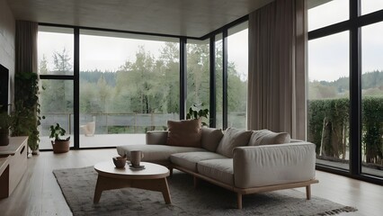 A modern living room with a minimalist aesthetic, featuring a neutral color palette, clean lines, and natural materials