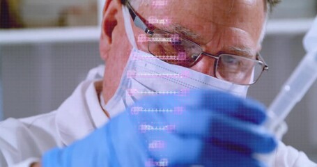Wall Mural - animation of dna strand over caucasian male scientist taking sample