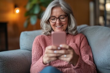 Wall Mural - Happy middle aged woman using mobile phone messaging relaxing on couch at home. Smiling older mature lady wearing glasses looking at cellphone doing ecommerce shopping sitting on sofa in living room