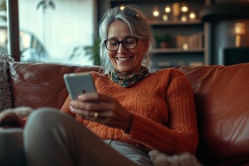 Wall Mural - Happy middle aged woman using mobile phone messaging relaxing on couch at home. Smiling older mature lady wearing glasses looking at cellphone doing ecommerce shopping sitting on sofa in living room