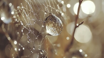Wall Mural - close-up of a spider web on tree branch with water droplets