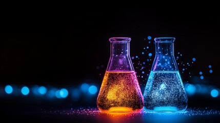two glass beakers filled with vibrantly colored glowing liquid, set against a backdrop of twinkling 