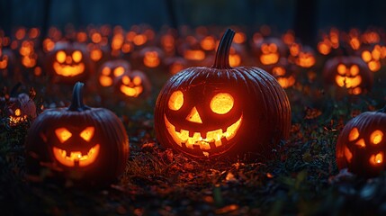 a glowing pumpkin patch at dusk, with jack-o'-lanterns casting spooky shadows.