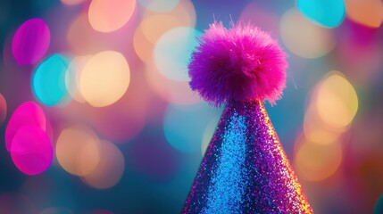 Wall Mural - A colorful party hat with a fluffy pom-pom, set against a vibrant bokeh background.