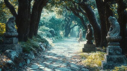 Wall Mural - Ancient Stone Statues on a Path Through Lush Forest