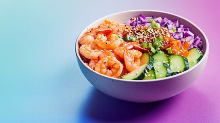 Wall Mural - Colorful poke bowl with spicy shrimp, cucumber, and sesame seeds set against a gradient blue-to-purple background