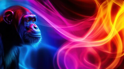 Sticker - A vibrant digital artwork featuring a chimpanzee against a colorful, swirling background.