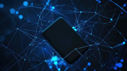 A smartphone surrounded by a network of glowing blue connections, symbolizing technology.