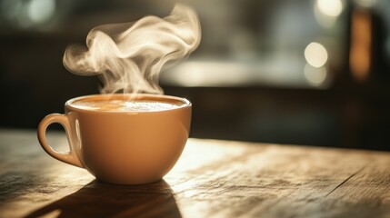 Poster - A steaming cup of coffee on a wooden table, evoking warmth and comfort.