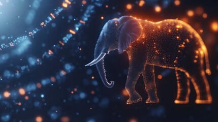 Wall Mural - A glowing elephant silhouette amidst a digital background of light particles.