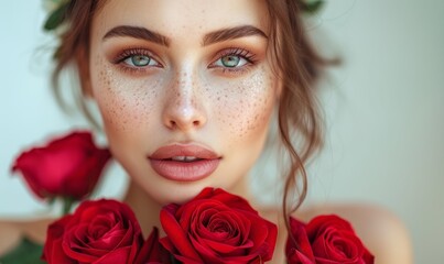 Sticker - Beautiful white girl with red roses. Stunning brunette girl with big bouquet flowers of roses.