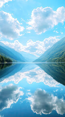 Wall Mural - Tranquil mountain lake with clouds mirrored perfectly in calm water