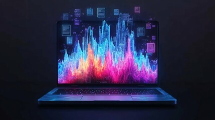 Laptop displaying detailed e-commerce growth charts and shopping trends, with SEO keyword clouds floating above, vibrant and futuristic color palette, viewed from a side angle, high-tech city skyline