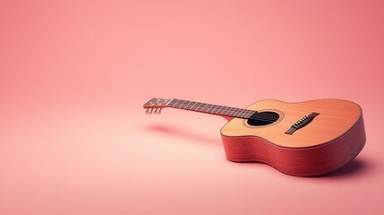 Poster - A wooden acoustic guitar resting on a soft pink background, emphasizing leisure and music.