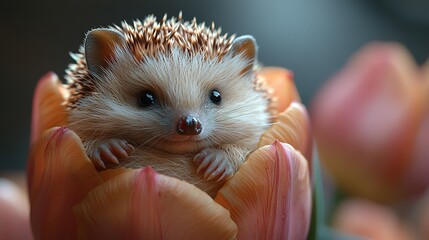 Canvas Print -   A clear image shows a tiny hedge on a blossom with paws on top