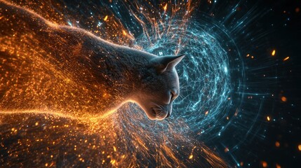 Wall Mural - A cat moving through a dynamic, colorful vortex of light and energy.