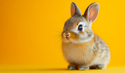 Wall Mural - A small rabbit is sitting on a yellow surface. The rabbit has a curious look on its face and he is looking at the camera