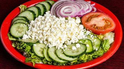 Wall Mural -   Close-up image of cucumber, tomato, onion, and feta cheese on a plate of food