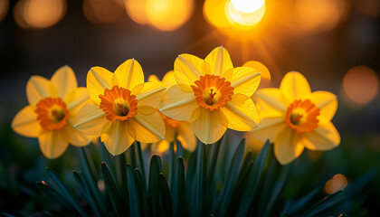 Wall Mural - A group of yellow flowers with orange centers are in a field. The sun is shining on them, making them look bright and cheerful