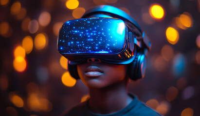 A young boy wearing a virtual reality headset is looking at a computer screen. Concept of excitement and wonder as the boy experiences the virtual world