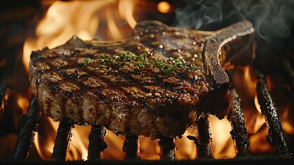   Close-up photo of a steak on a grill surrounded by intense flames and rising smoke