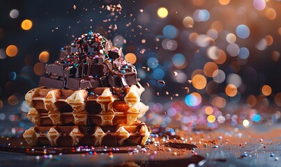 Canvas Print - Waffles with chocolate in top with explosion of lights and colors on the background