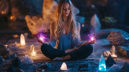 A woman meditates in a mystical cave surrounded by crystals, glowing orbs, and soft light, creating a serene atmosphere for reflection and energy