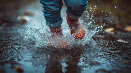 Canvas Print - A child joyfully splashes in a puddle, capturing a moment of carefree playfulness.