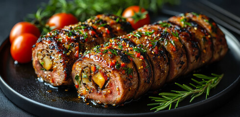 A plate of meat with tomatoes and herbs on top. The meat is rolled up and looks delicious