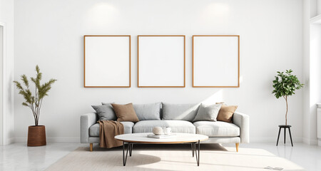 Blank picture frame mockup on a white wall. Modern living room design. View of modern Scandinavian-style interior with a sofa. Three square templates for artwork, painting, photo, or poster.