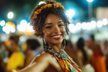 Wall Mural - A girl dances at a carnival in a bright costume. She is happy, having fun and enjoying the holiday. Brazil.