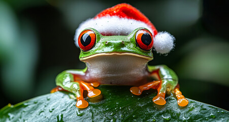 A frog wearing a Santa hat is sitting on a leaf. The frog is green and red in color