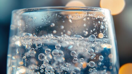 Wall Mural - A close-up of a glass filled with sparkling water, showcasing bubbles and reflections.