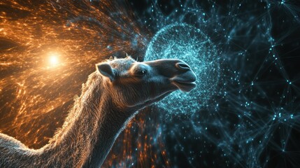 Sticker - A surreal depiction of a camel against a cosmic backdrop of orange and blue energy.