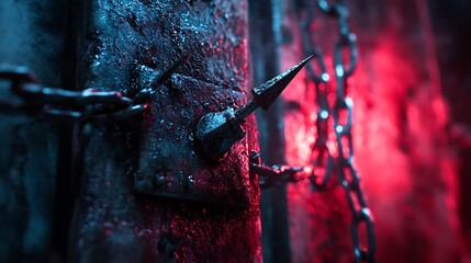 A close-up of a sharp, rusty spike protruding from a metal gate, secured by a chain link, set against a backdrop of red lighting and smoke.