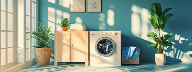 Wall Mural - Bright laundry room with modern washing machine, plants, and natural light creating a serene atmosphere in a cozy home setting