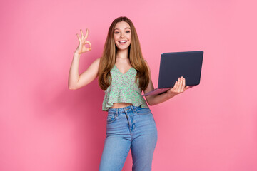 Poster - Portrait of pretty young girl laptop okey symbol wear top isolated on pink color background