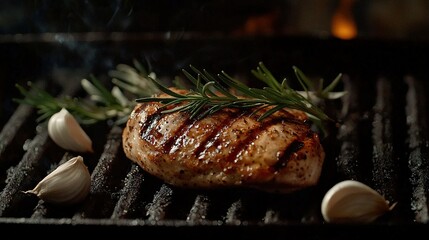 Sticker -   Meat atop grill with garlic and sprig of rosemary