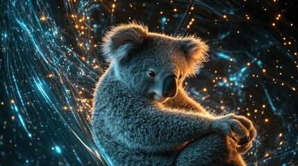 Canvas Print - A digitally enhanced image of a koala surrounded by vibrant, glowing particles.