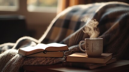 Wall Mural - A cozy scene featuring steaming coffee, books, and a warm blanket by a window.