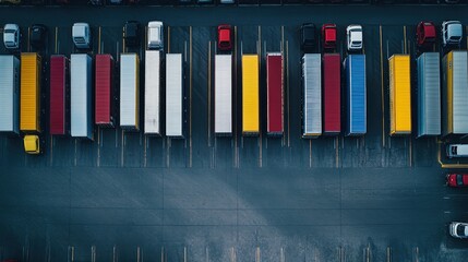 Wall Mural - Aerial view of parked cargo trucks in a lot, showcasing organized rows and colors.