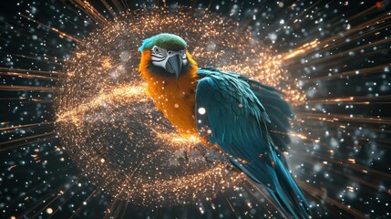 Poster - A vibrant parrot amidst a cosmic background of swirling lights and particles.