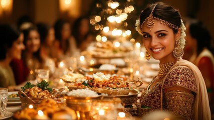 A beautifully arranged Christmas table with Indian food, glowing lights, and holiday cheer