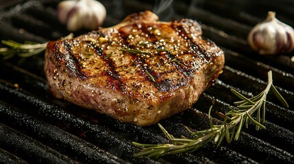 Sticker -   A perfectly cooked steak atop a grill, accompanied by aromatic garlic cloves